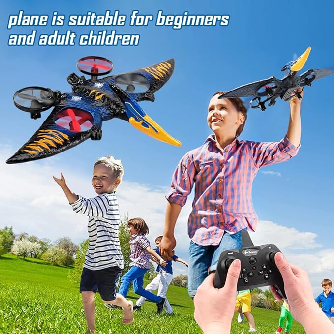 Dinosaur Remote Control Drone 2.4G EPP Foam RC Pterodactyl Hobby RC Airplanes with 6-Axis Gyro One Key Takeoff Landing Stunt Roll &amp 360 Flip Fighter Jet Toy Christmas Birthday Gift for Boys Gi