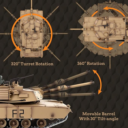1/16 RC Tank Heng Long US M1A2 Abrams Army Toy with Smoke Sound and Lights Remote Control Tank That Shoots with Upgraded Metal Tracks Idler and Sprocket Wheel Steel Gearbox Batteries*2