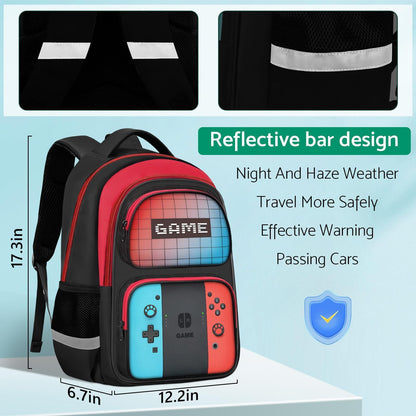 JIRAIKEI Kids Backpack for Boys,3pcs Boys Backpack with Lunch Box Set for Children Teens Elementary Middle School,Gamer Bookbag Ages 6-18,School Bookbag Travel Back Pack,17″ Large Capacity