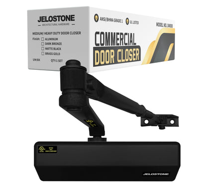 JELOSTONE Medium/Heavy Duty, Commercial Door Closer D4000, ANSI Grade 1, UL 3 Hour Fire Rated, ADA Compliant, Adjustable Spring Size 1-6 for Doors (44-330lb, 30-60 in), Indoor/Outdoor (Black)