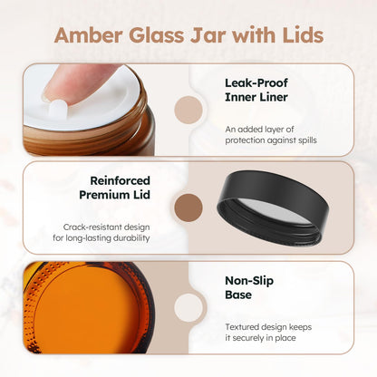 4 oz Glass Jars with Lids, 24 Pack Amber Small Glass Jars with Black Lids Leakproof Round Airtight Empty Cosmetic Travel Containers with Inner Liners For Lotions Powders and Candle Making