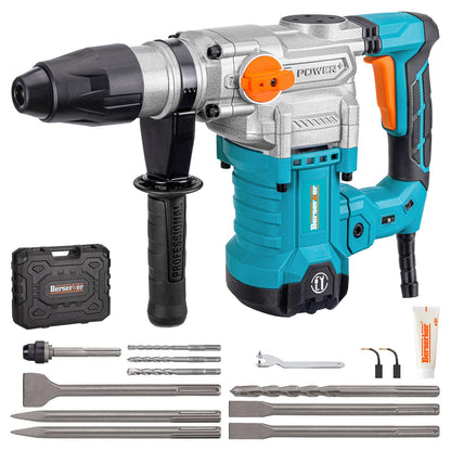 Berserker 1-9/16" SDS-Max Heavy Duty Rotary Hammer Drill with 3 pc. SDS Max Chisel Set with Point Chisel, Flat Chisel & Scaling Chisel, Masonry Concrete Tile Removal Bits