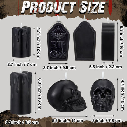 Baquler 4 Pack Black Wax Flameless LED Candles, Halloween Tombstone RIP Skull Dripping Pillar Candles Battery Operated Gothic Real Wax Candlestick for Halloween Party Home Decor