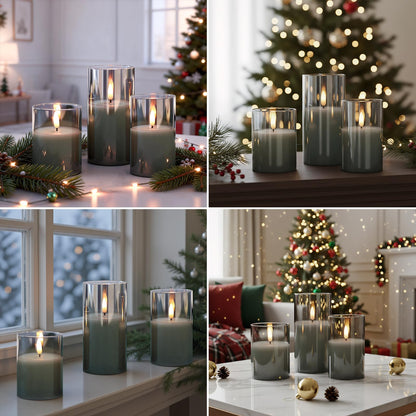 GenSwin Glass Flameless Candles with Remote Battery Operated Flickering LED Pillar Candles Real Wax 3D Wick for Wedding Festival Home Decoration(Gray,Pack of 3)