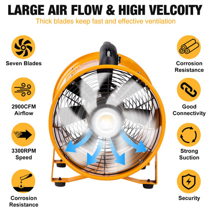 MOUNTO 12-Inch Heavy Duty Cylinder Axial Fan with 25-Foot Vinyl Hose | High-Performance Portable Blower/Exhaust Fan | 2900 CFM Directional Airflow for Crawl Spaces, Attics, Basements