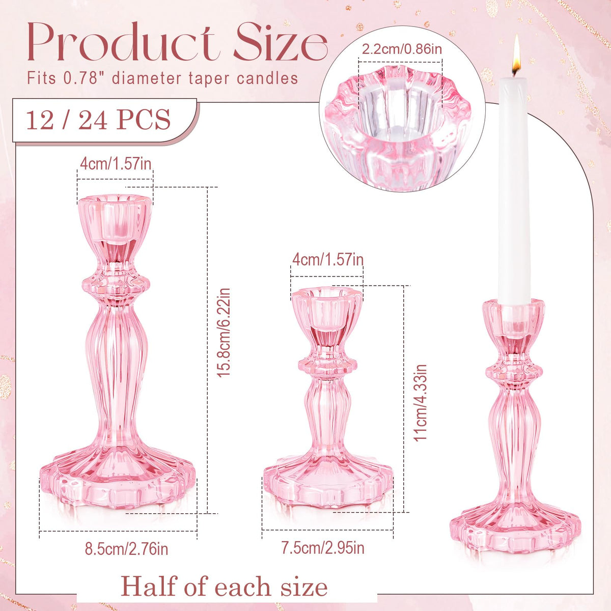 Ferrochef 12 Pack Glass Candlestick Holders Set 4.3/6.1'' Taper Stripe Candle Holder Bulk Floral Shape Crystal Decorative Candle Stand Centerpiece for Table Wedding Dining (Pink)