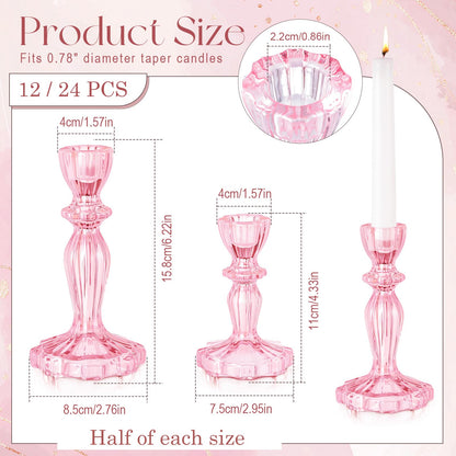 Ferrochef 12 Pack Glass Candlestick Holders Set 4.3/6.1'' Taper Stripe Candle Holder Bulk Floral Shape Crystal Decorative Candle Stand Centerpiece for Table Wedding Dining (Pink)