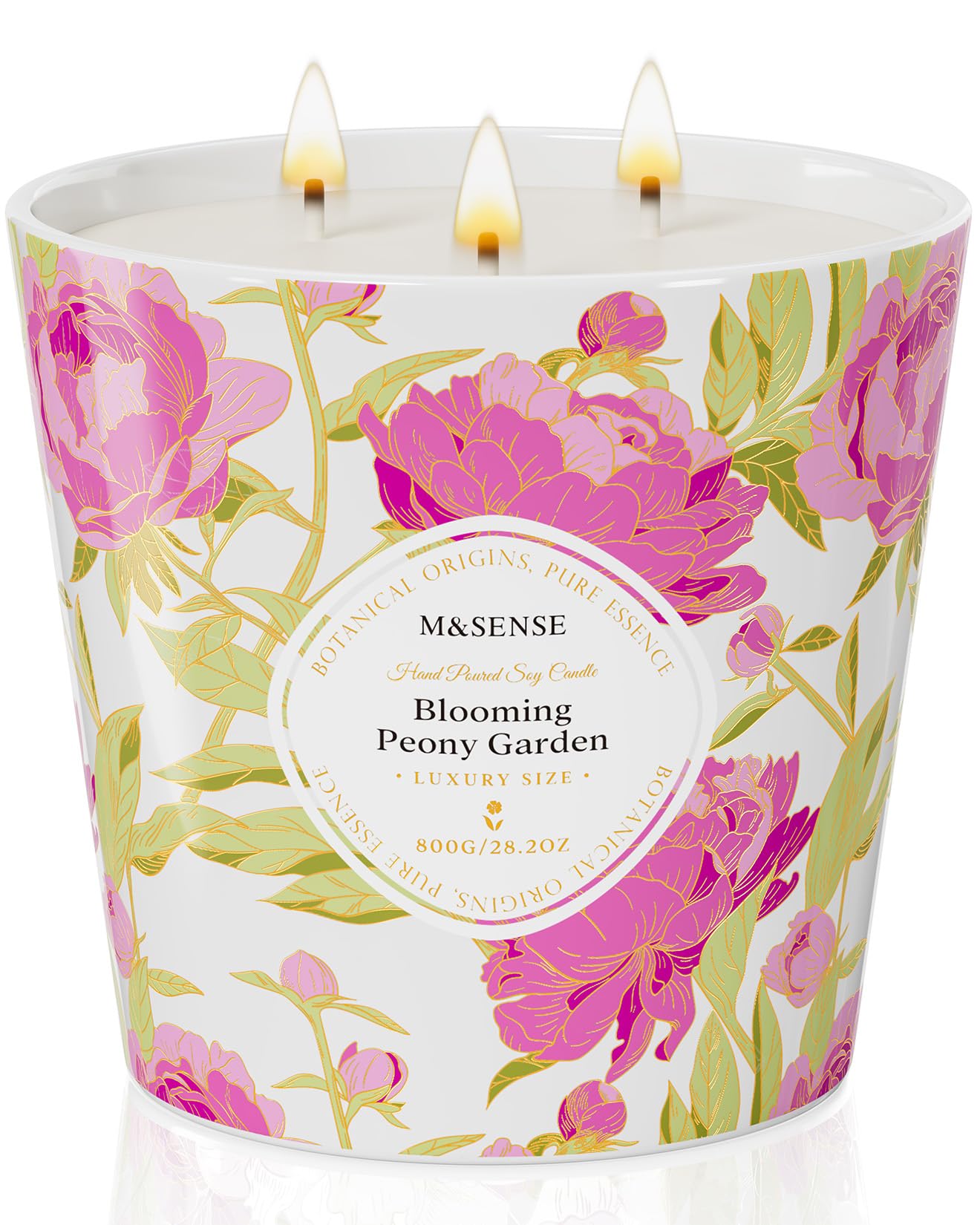 M&SENSE Blooming Peony Scented Candle, 28.2oz 3 Wick Natural Soy Wax Large Candles, Long Lasting Clean Slow Burning No Toxic Décor for Home Relaxation, Romantic Dates & Gift-Giving