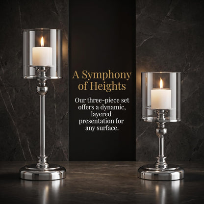 Oakernel Sliver Hurricane Candle Holders - Set of 3 Tall Candlestick Holders Windproof Taper Candle Holders, Metal Stand for Table Centerpiece Outdoor Indoor Wedding Party Holiday Decor