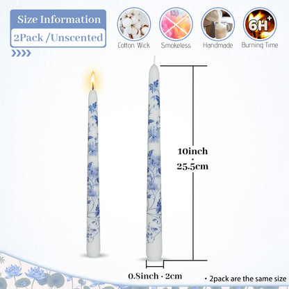 Blue and White Porcelain Taper Candles 10 inch - 2 Pack Chinoiserie Taper Candles Lotus Pattern Printed Smokeless, Unscented Perfect for Home Decor, Weddings, and Special Occasions
