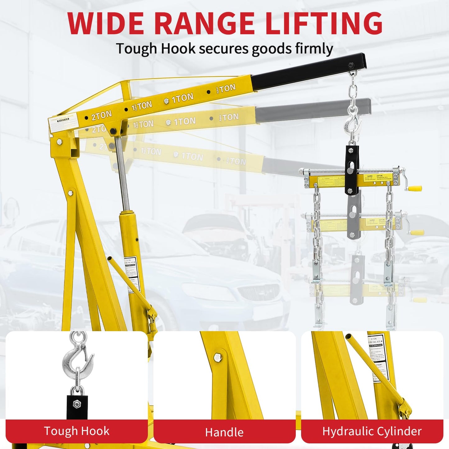 Garvee 2 Ton Folding Hydraulic Engine Hoist with Load Leveler 4400 LBS Capacity Heavy Duty Cherry Picker 6 Swivel Wheels&Hydraulic Pump Adjustable Boom (0.5T-2T) for Garage Workshop Warehouse Yellow