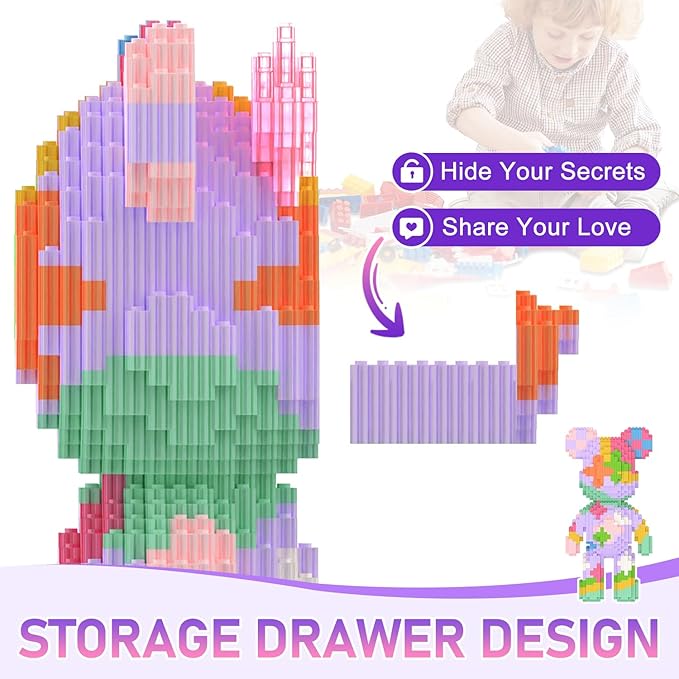 Bear Building Blocks with Organizer Bins (3000PCS) Fluorescent Bricks &amp Stroage Drawer Gift for Adults &amp Kids Ideal for Home &amp Office Decor QR Code User Manual 8882