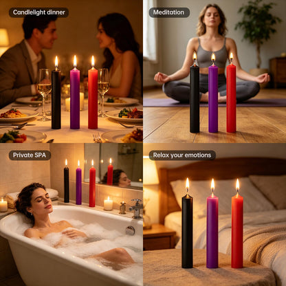 Low Temperature Candle Set - 3 Pack (Red, Purple, Black), Smooth Drip Candles for Deep Relaxation, Cozy Home Ambiance & Mood Lighting