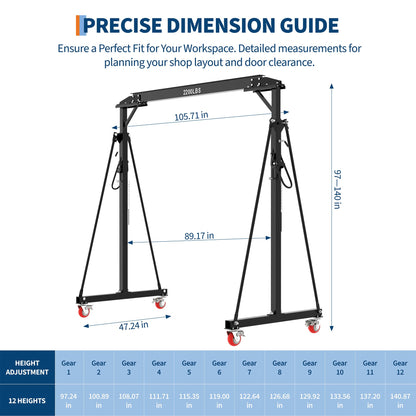 Adjustable Gantry Crane, 1 Ton 2200 LBS Capacity, Portable Gantry Crane Height Adjustable 97" to 141" with 12 Positions, for Factories, Warehouses, Construction, Auto Repair