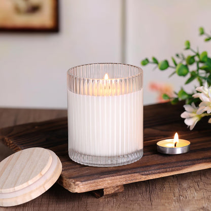 sunnyfuture 10 OZ Clear Candle Jars for Making Candles Set of 8, Ribbed Glass Candle Jars with Wood Lids and Labels, Candle Containers for DIY, Gifts, Home Decoration