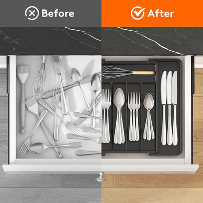 Lifewit Drawer Organizer Set - Expandable Plastic Storage for Silverware & Cooking Utensils | BPA-Free, Black