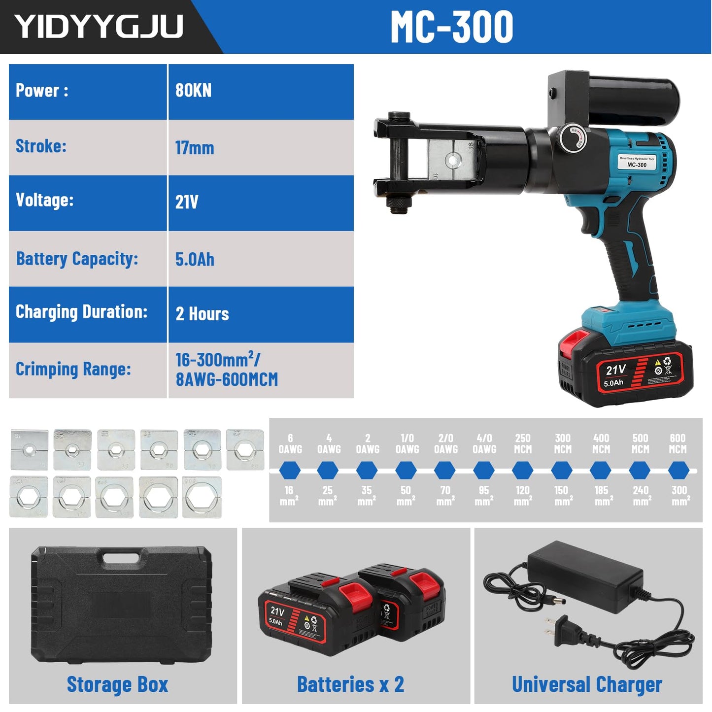 Hydraulic Crimping Tool 80KN Battery Powered 21V 5Ah Lithium-Ion 360° Rotating Head 3-6 Sec Fast Crimping 16-300mm² Copper/Aluminum 6AWG-600MCM with 2 Batteries & Storage Box