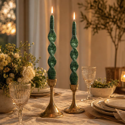 Snake Pattern Spiral Taper Candles Set of 2, 10 Inch Green Handmade Candle Stick, Unscented Twisted Candles, Tapered Candles for Wedding Dinner Home Decor Gift