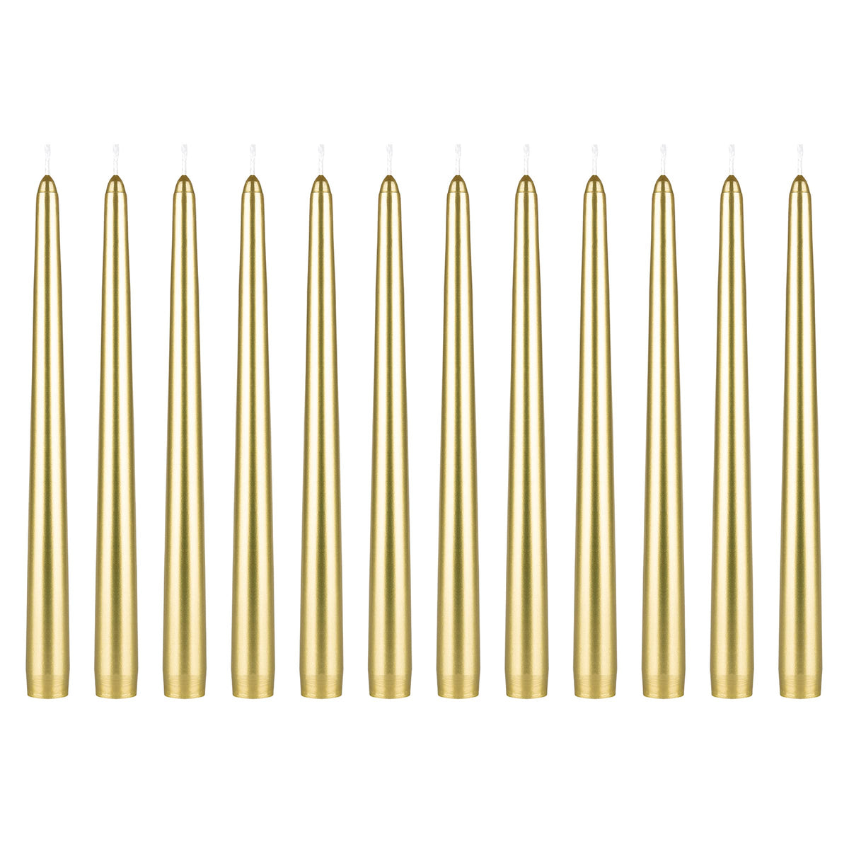 Mega Candles 12 pcs Unscented Gold Taper Candles, Hand Poured Wax Candle 10 Inch x 7/8 Inch, Home Décor, Wedding Receptions, Centerpieces, Occasions, Romantic Dinners, Prayer, Candle Holders