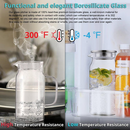 Bivvclaz 1.2 Liter 40 oz Small Glass Pitcher with Lid and Handle, Glass Carafe for Hot/Cold Water, Iced Tea Jug for Coffee, Juice and Homemade Beverage