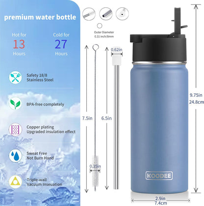 Koodee Kids Stainless Steel Water Bottle - 16 oz Double Wall Insulated Flask with Straw | BPA Free, Royal Blue