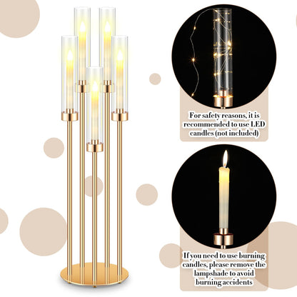 Tandefio 4 Pcs Acrylic Candelabra Centerpieces 35" Tall Clear Candle Holders Pillar Taper Candlestick with Lampshades 5 Arm Floor Candelabra Stand for Wedding Christmas Ceremony Dinner Party