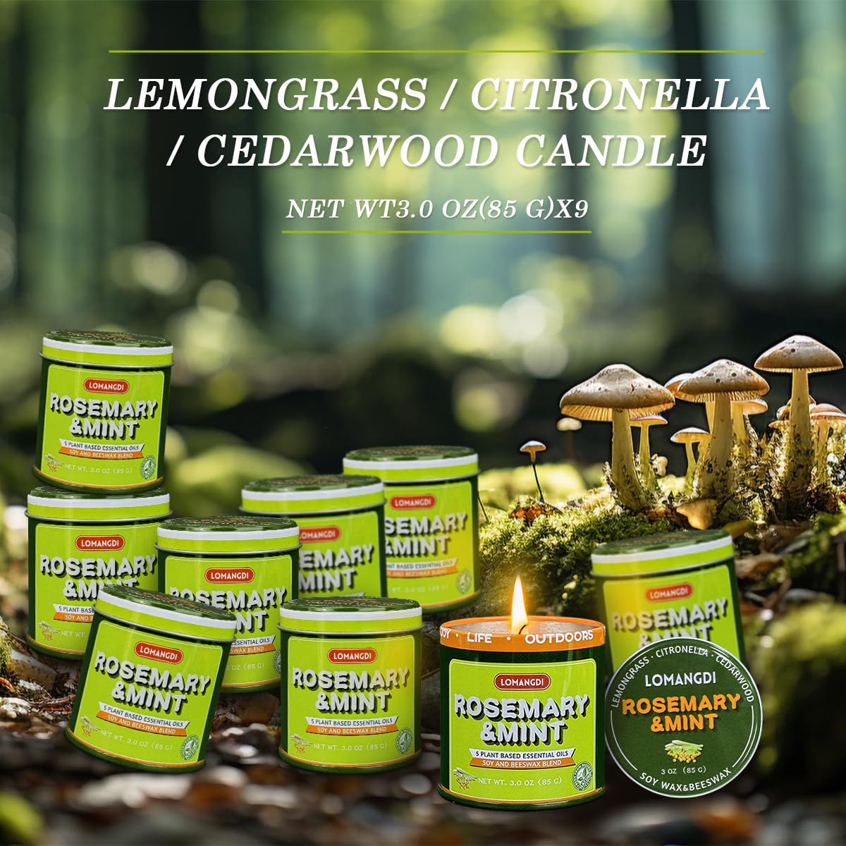 Rosemary Mint Scent Candles 9-Pack | 3oz Aromatherapy Candles | Made with Various Plant-Based Essential Oils and Soy/Beeswax Blend | 18 Hour Burn Time Indoor Outdoor Candle