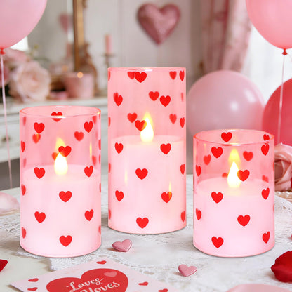 Valentines Flameless LED Pillar Candles, Battery Operated Red Heart Candles, Glass Pink Candles for Woman Gifts and Home Decor