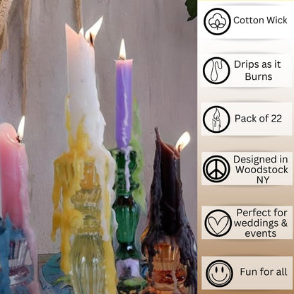 Candlestock Hippie Drippy Drip Candles - Pack of 22 Dripping Taper Candles - Wine Bottle Melting Candles (White)