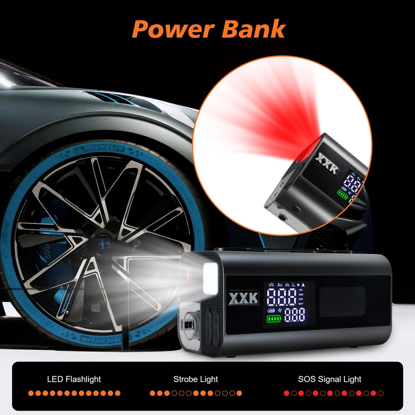 Tire Inflator Portable Air Compressor,2000A Battery Car Jump Starter, Auto Shut-Off,160PSI Air Pump with Tire Gauge Pressure&LED Light,15000PA Vacuum with Suction &Blow, for Cars, Motorcycles, Balls