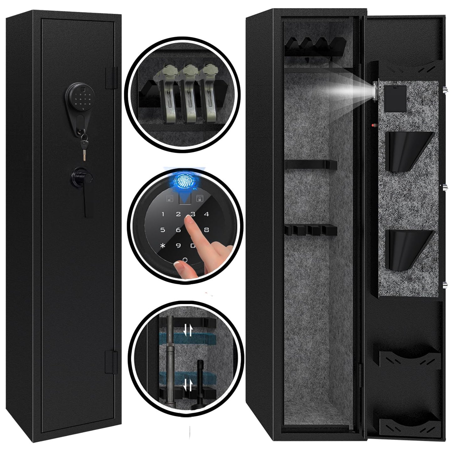 Kaer Gun Safe,Rifle Safe,4-5 Biometric Long Gun Safes for Rifles and Pistols,Gun Cabinet for Rifles and Shotguns with Fingerprint/Digital Keypad/Removable Shelf for Home,Garage,Office