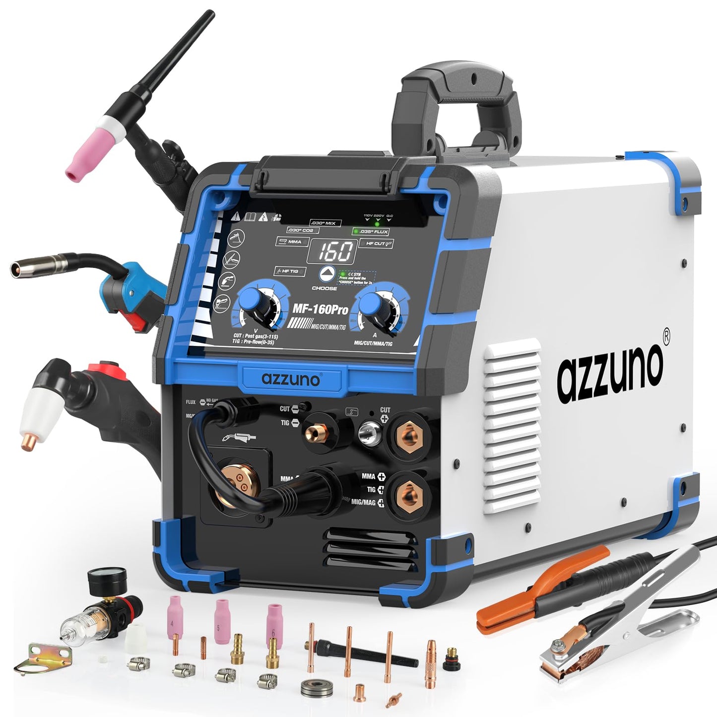 AZZUNO Plasma Cutter Welder Combo 160A, 5 in 1 Plasma Cut/Gas MIG/Flux MIG/HF TIG/Stick Welder Machine, 110V/220V Multiprocess Welding machine(Light Grey)