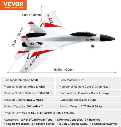 VEVOR RC Plane 2.4GHZ 4 Channel RC Airplane with 6-Axis Gyro Stabilizer&amp2 Batteries Ready to Fly SU-27 Fighter Aircraft Plane Toy for Adults Kids Beginners Boys Birthday/Xmas Child Gift