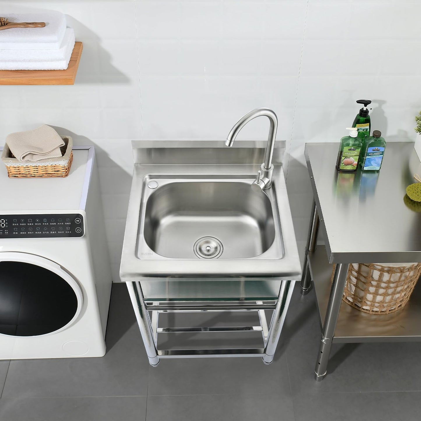 Bokaiya Stainless Steel Utility Sink, Free Standing Small Stainless Steel Sink with Faucet Laundry Room Sink 16 Gauge Single Bowl Outdoor Commercial Garage Sink (19"D x 23"W x 38"H)
