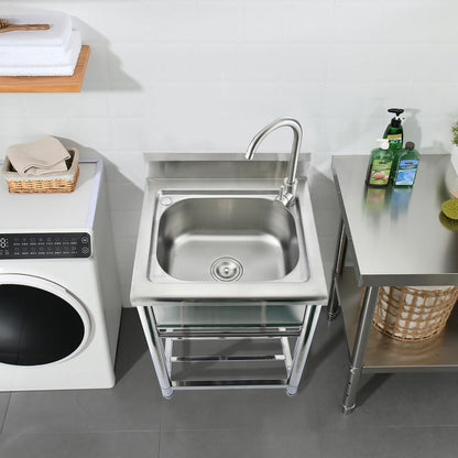 Bokaiya Stainless Steel Utility Sink, Free Standing Small Stainless Steel Sink with Faucet Laundry Room Sink 16 Gauge Single Bowl Outdoor Commercial Garage Sink (19"D x 23"W x 38"H)