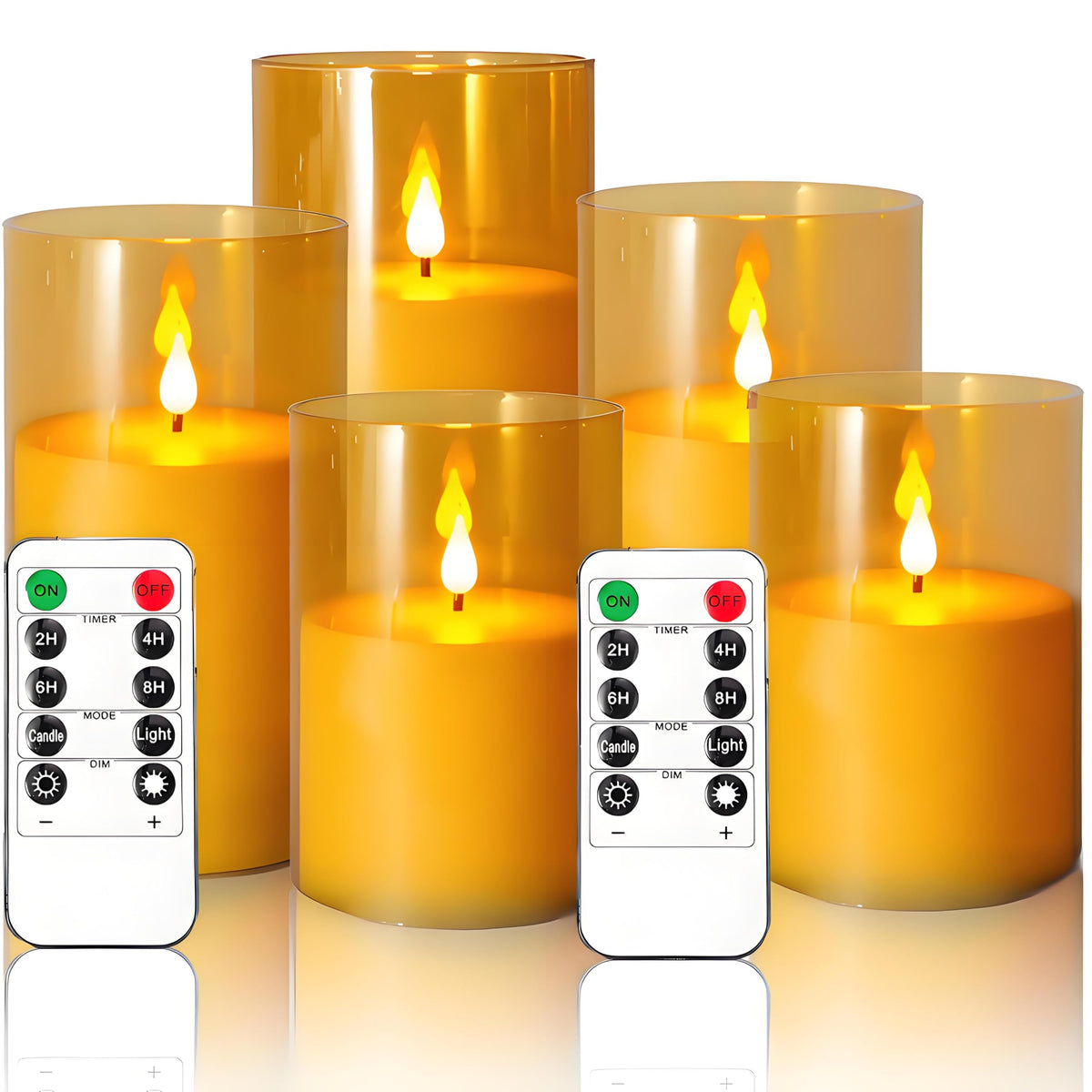 NICEME Amber Flickering Flameless Candles Battery Operated Acrylic LED Pillar Candles with Remote Control and Timer Flameless Halloween Candles for Thanksgiving Christmas New Year Home Decor, Set of 5