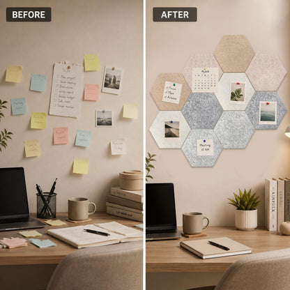 10 Pack 12'' Hexagon Cork Boards for Office Wall: Large Felt Bulletin Decor Display for Classroom, Decorative Panels with 30 Push Pins for Photos & DIY