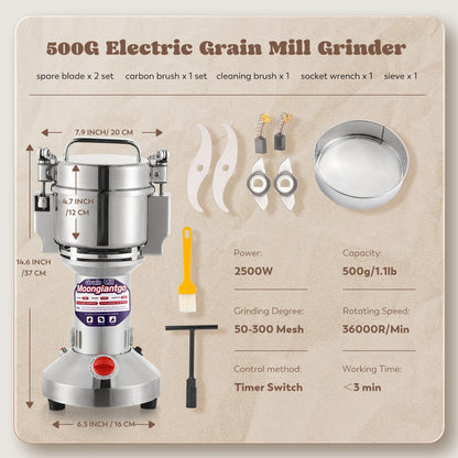 Moongiantgo Grain Mill Grinder Electric 500g with 4 Pairs of Carbon Brushes and Carbon Brush Caps