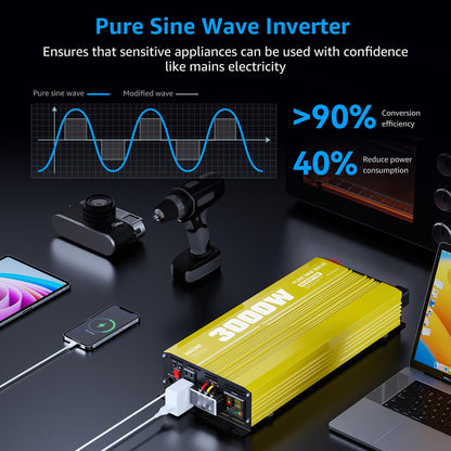 XWJNE 3000W Pure Sine Wave Power Inverter 12V DC to 120V AC Converter with LED Display and Remote Controller for Home, RV, Truck, Off-Grid Solar Power