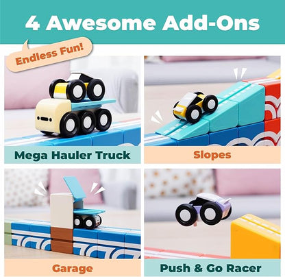 QBI Magnetic Blocks Play Starter Set – STEM Construction Toys &amp Race Car Track for Kids Ages 3-5+｜Educational Magnet Building Tiles with 2 Ramps &amp 4 Vehicles｜Montessori Gift for Boys &amp Gir