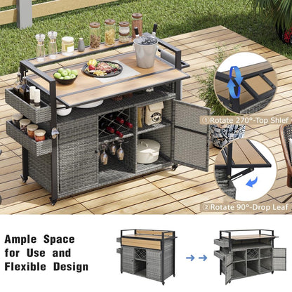 Dfchlda 52.8" Wicker Outdoor Grill Cart with Extended Plastic Wood Table Top, Rolling Kitchen Island with Storage Cabinet, Double Handle Design for Patio, Backyard, Garden, Poolside(Grey)