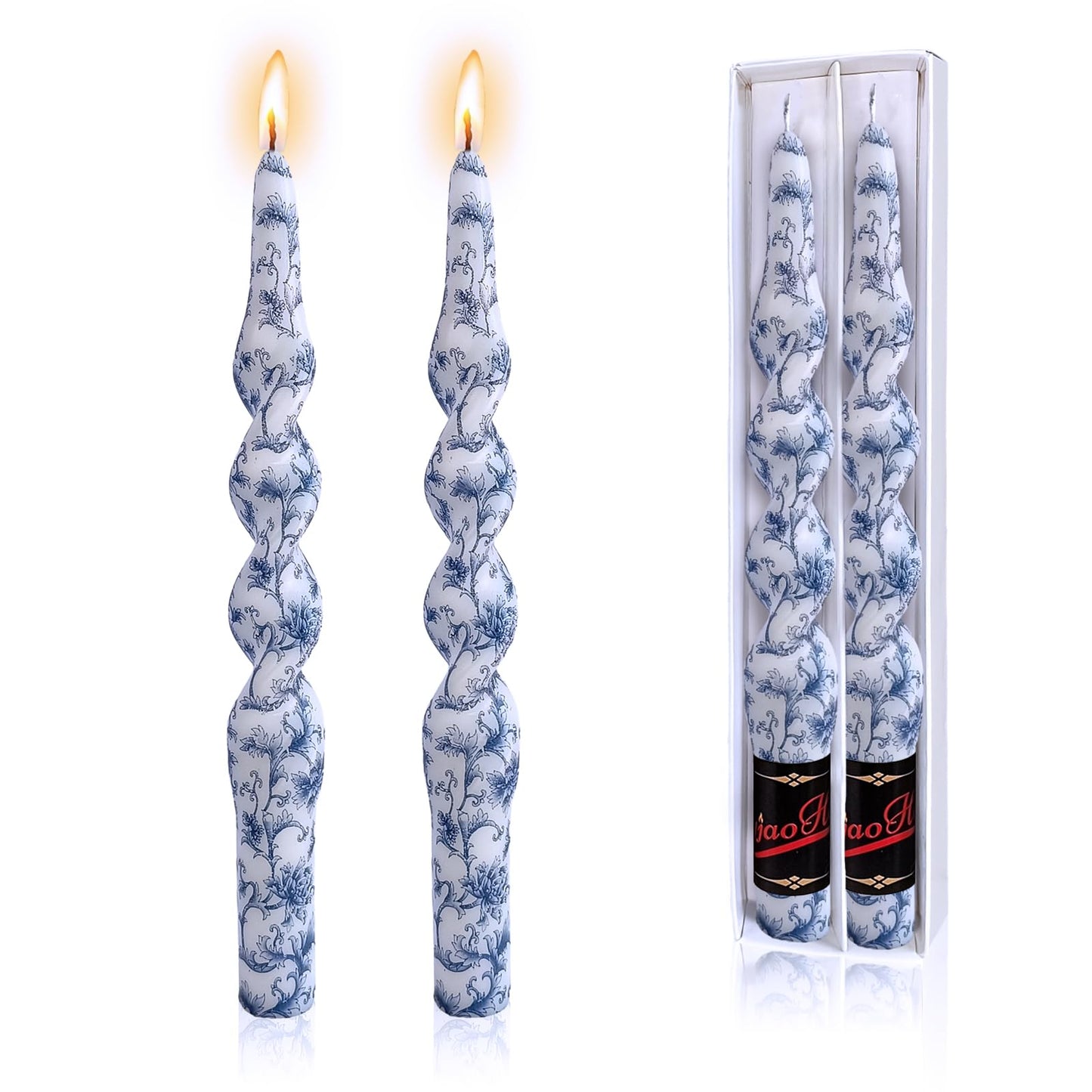 NJAO HOO Floral Taper Candles 10 in Spiral Candlesticks Hand Printed Blue Flower Candlestick Twisted Taper Candle for Home Garden Decor, 2Pcs