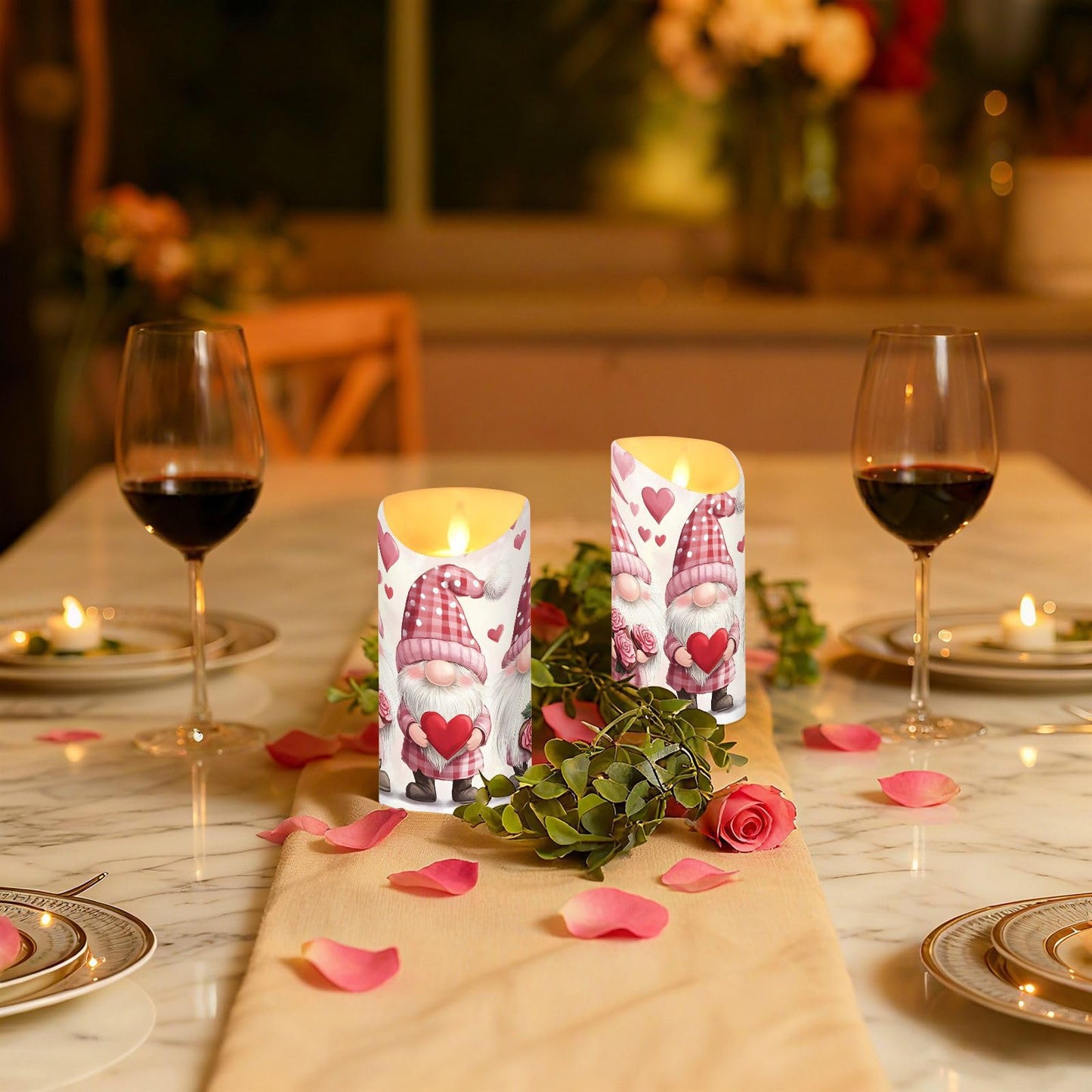 Valentines Day Gnome Pink Rose Flowers Hearts Flameless Candles with Remote Timer,LED Flickering Battery Operated Electric Pillar Tea Light Candles for Wedding Table Christmas Decorations 3" x3.9"