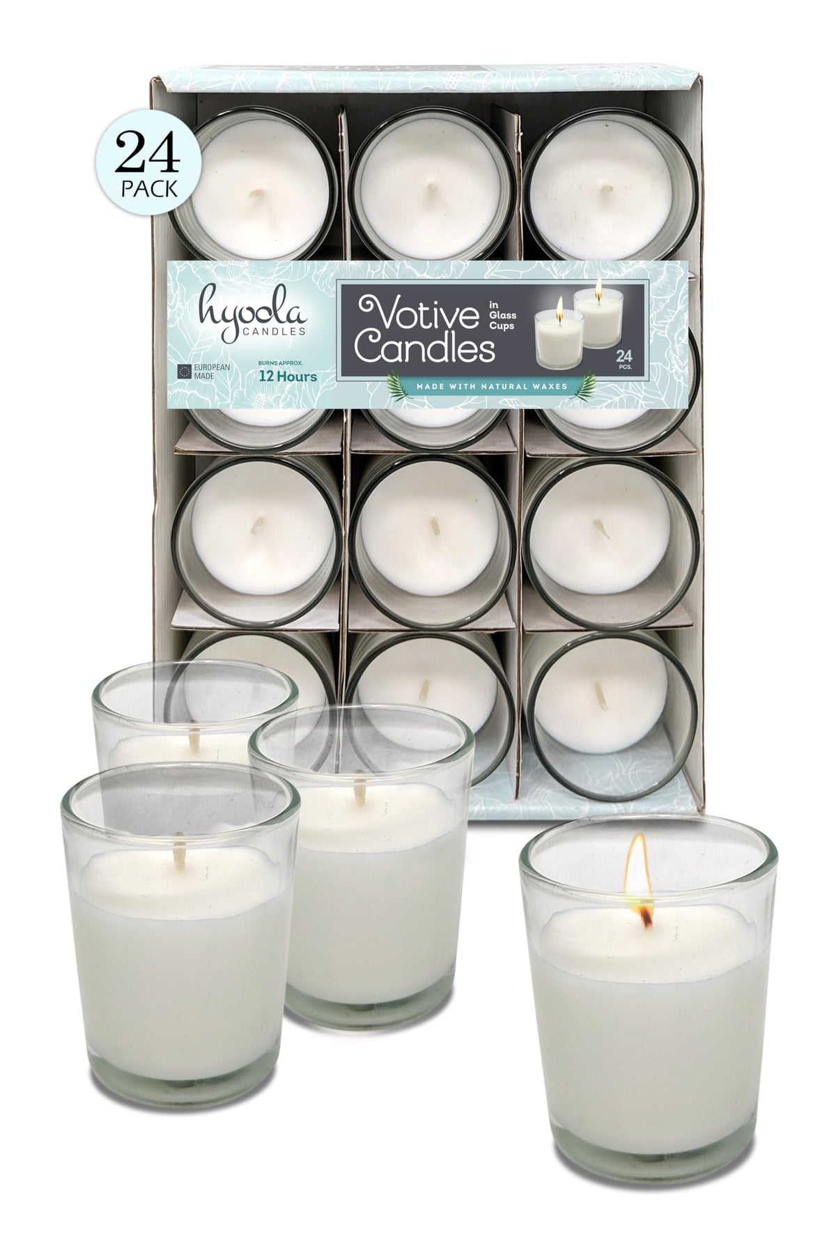 Hyoola White Votive Candles in Glass - Pack of 24 Votive Candle - 12 Hour Burn Time - Unscented Votive Candles - European Made Glass Votives