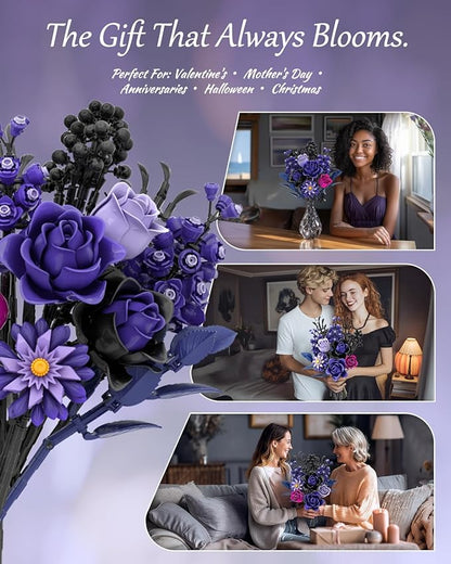 Purple Rose Bouquet Building Set Artificial Floral Building Toys for Gothic Home Decor Ideal Gift for Halloween &amp Christmas Compatible with Lego Flower Set for Adults Women and Teen Girls