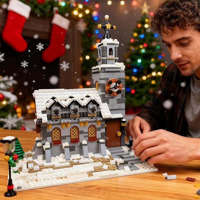 Winter Chapel Architecture Building Blocks Set Christmas Themed MOC Snow Village Church House Model Kit Vacation Holiday Building Gift for Adults Women &amp Teens (1074pcs)