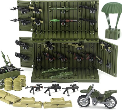 Military Weapons Pack with Shipping Cargo Container Army Equipment Helmet Armor 325Pcs Various of Military Accessories Building Block Toy Compatible with Major Brands Soldier Figures (Olive Green)