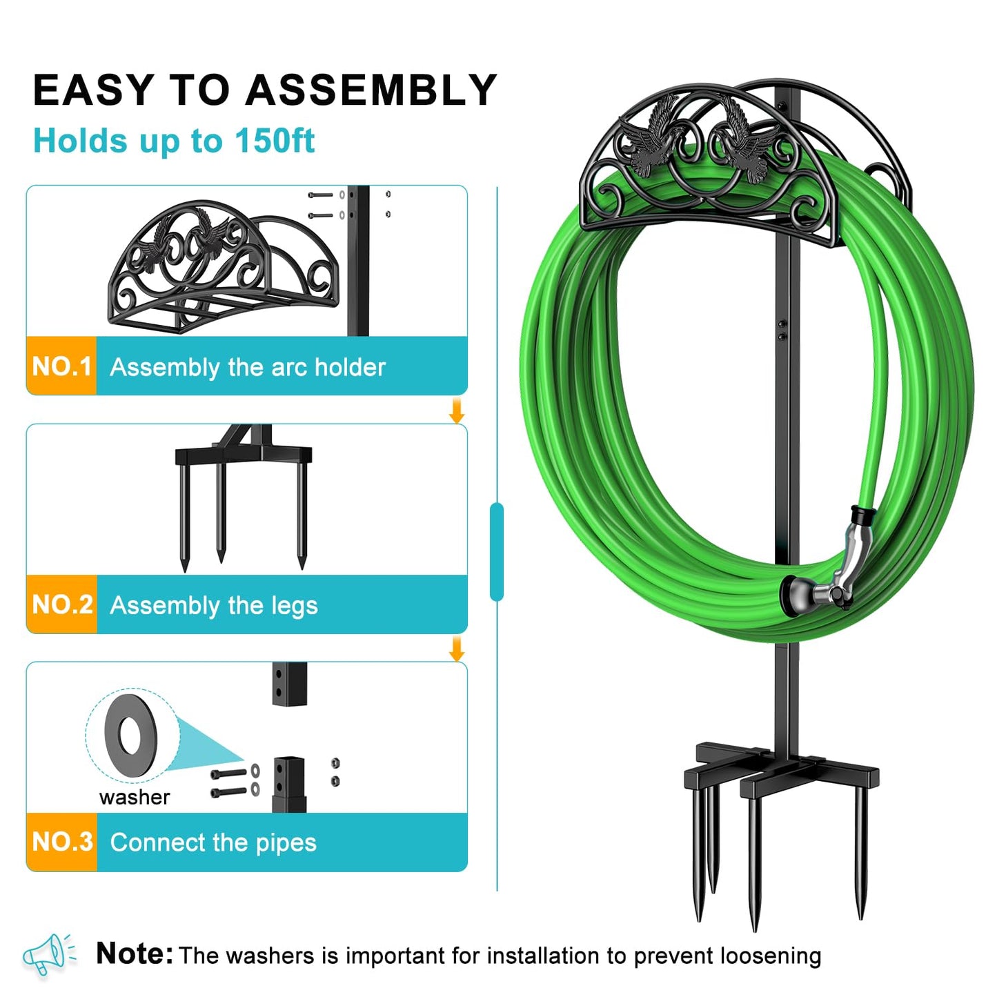 Keten Garden Hose Holder, Detachable Metal Water Hose Holder Stand, Heavy Duty Freestanding Garden Hose Reel Rack and Hose Storage Organizer for Outside Yard