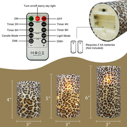 NjaoHoo Flickering Flameless Candles, Recessed String Light LED Candles 3D Wick Acrylic Battery Operated LED Pillar Candles with Remote and Timer for Modern Simple Home Decor Set of 3(Leopard)