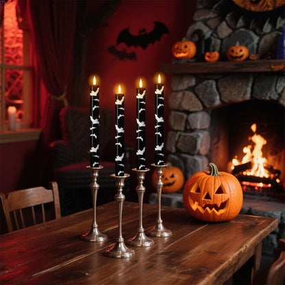 Eldnacele Flameless Flickering Taper Candles with Remote and Timer, Battery Operated Bats Decal Real Wax Black LED Window Candles Set of 4 Fireplace Spooky Halloween Holiday Decor